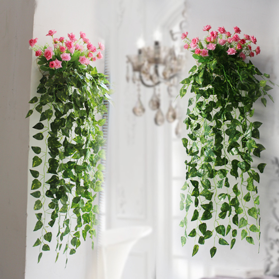 壁花仿真花挂壁 小玫瑰吊兰装饰花 悬挂墙壁假花套装花艺新年插花