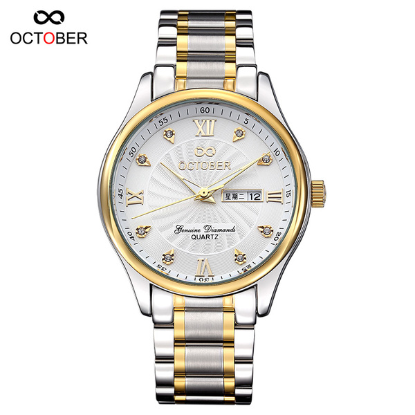 october正品手表男石英表 精钢钢带瑞士夜光防水商务休闲日历手表