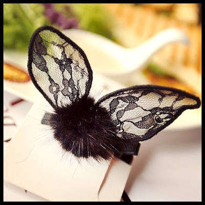 10月新品 蕾丝兔耳朵发夹韩国发饰刘海夹发卡水貂毛球头饰满包邮