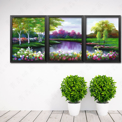 水粉画风景画三联组合有框挂画客厅卧室装饰画玄关餐厅宾馆墙壁画