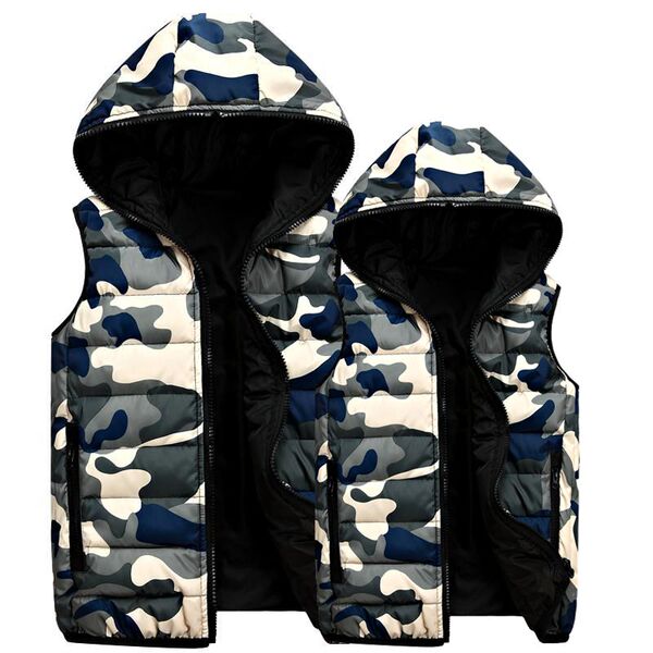 秋冬情侣装羽绒棉迷彩马甲两面穿连帽马甲外套马夹亲子装坎肩马甲