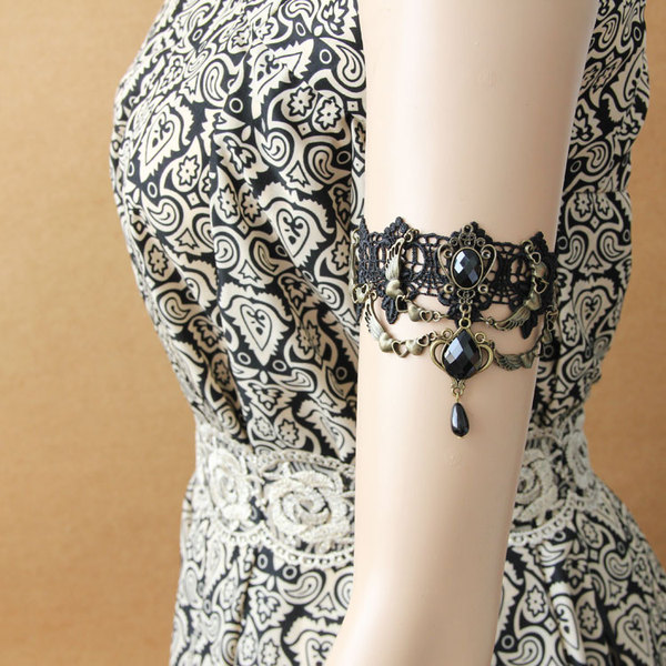 evillamour时尚哥特风首饰品时尚心锁珍珠臂环臂饰腕饰蕾丝饰品女