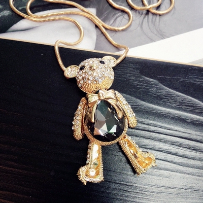 原宿风可爱镂空满钻宝石水晶蝴蝶结小熊吊坠毛衣链长款项链挂链女_价