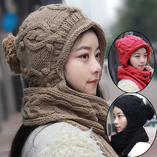 秋冬一体毛线帽围巾帽韩版针织帽滑雪帽护耳帽保暖女帽连体帽包邮