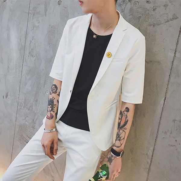 夏季新品夜店潮男修身七分袖纯色小西装套装时尚发型师服装两件套
