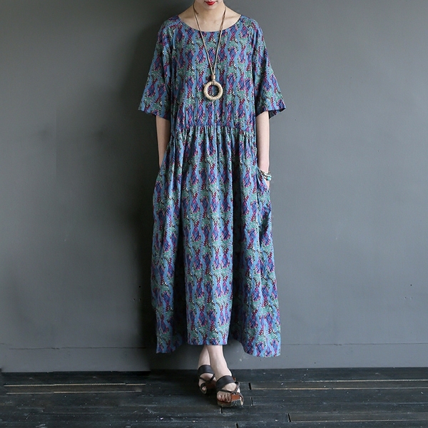 民族风复古文艺纯棉布裙女连衣裙中袖印碎花裙宽松抽绳腰显瘦长裙