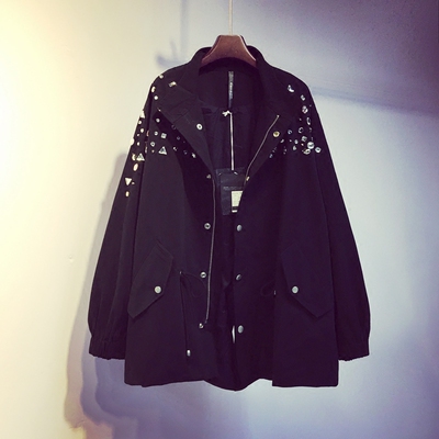 清仓2016秋装韩版女装钉珠风衣中长款春秋宽松休闲工装外套秋季潮