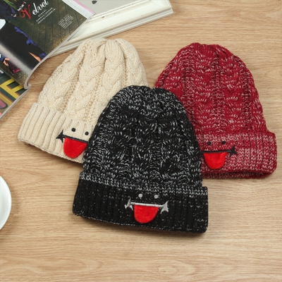 帽子女冬季新款原宿风韩版吐舌头笑脸针织帽男学生可爱保暖毛线帽