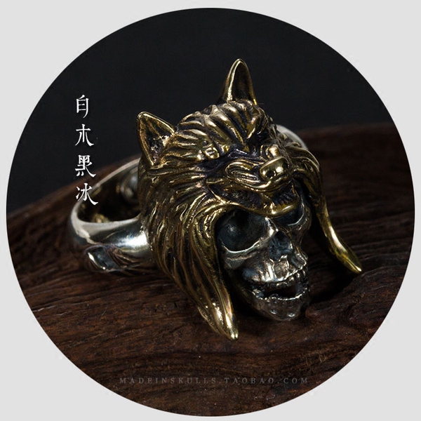 骷髅爱斯基摩人狼头戒指环饰品 925纯银铜混焊原创朋克金属重机车