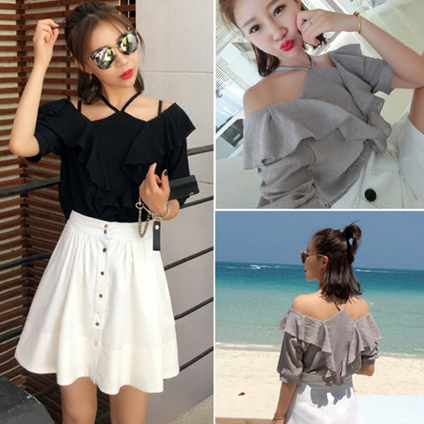 早春新款女装一字领露肩甜美吊带荷叶边宽松显瘦短袖雪纺衫上衣女