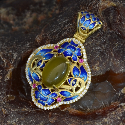 批发925银景泰蓝莲花镶嵌水钻天然黄玉髓旦面复古吊坠 送擦银棒