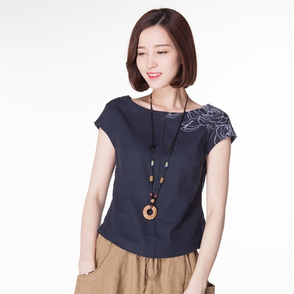 2017夏新款棉麻上衣t恤女短袖文艺修身圆领亚麻半袖麻料上衣女
