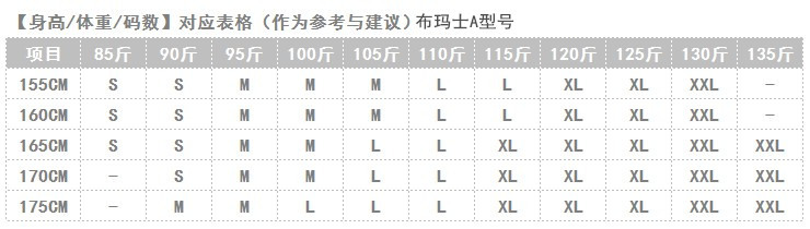 a型号_布玛士尺码推介表