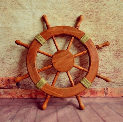 实木船舵轮舵挂件船的方向盘壁挂装饰地中海船复古舵手橱窗道具风