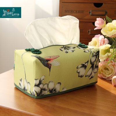 原创黄色北欧纸巾盒布艺日式花鸟抽纸盒新中式居家纸套车载创意