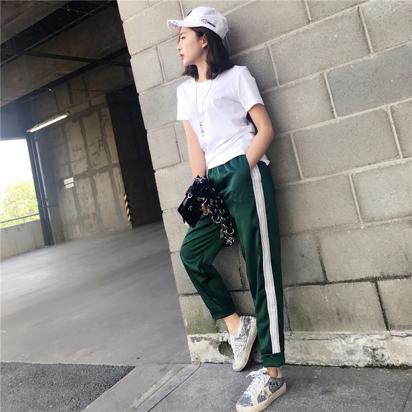 夏季侧边白条纹校服裤女薄款宽松显瘦休闲绿色九分哈伦bf风运动裤