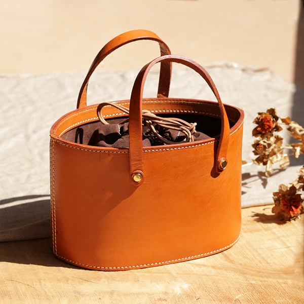 日式原创复古手工真皮水桶包植鞣皮手拎包文艺范定制牛皮手提包女