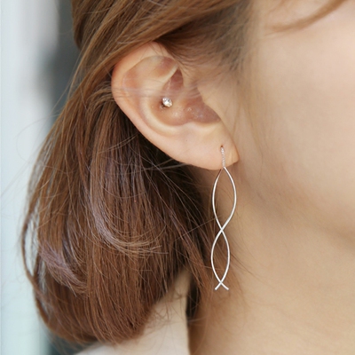 s925纯银s形波浪耳线女日韩白领ol配饰银饰品女神耳环曲线防过敏