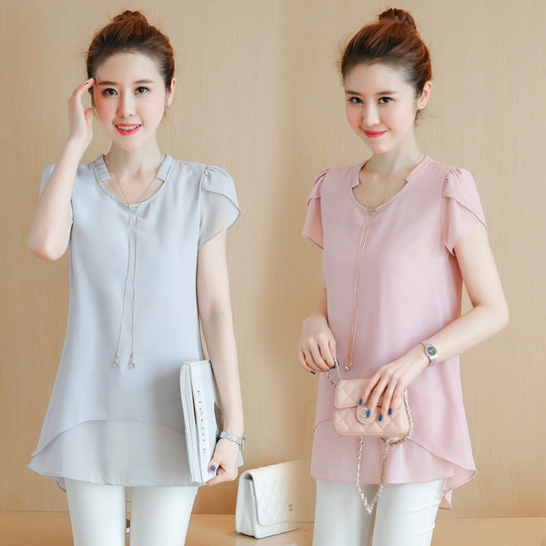 雪纺衫短袖2017夏装新款女装胖MM中长款t恤宽松显瘦V领百搭上衣潮