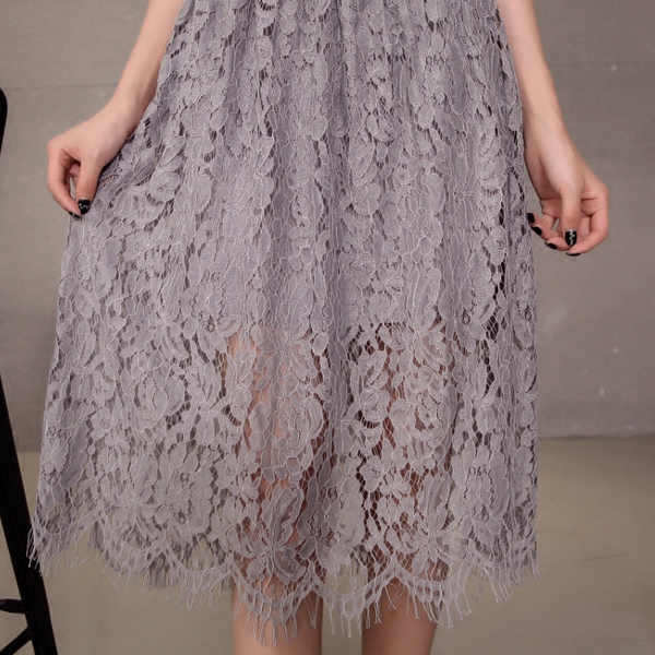 蕾丝半身裙中长款两面穿网纱裙a字长裙高腰百褶裙2017春季新款夏
