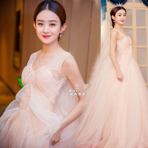 2017新款赵丽颖明星同款双肩显瘦蓬蓬a字裙演出晚会年会聚会礼服