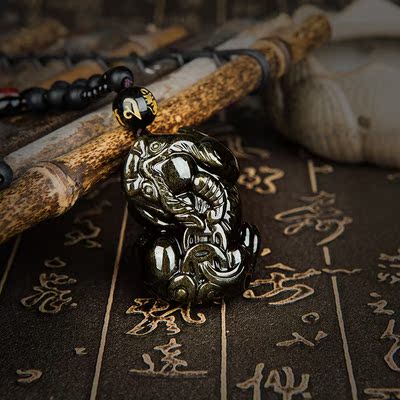 天然水晶黑曜石金耀石貔貅吊坠男士女情侣款开运招财项链挂饰包邮