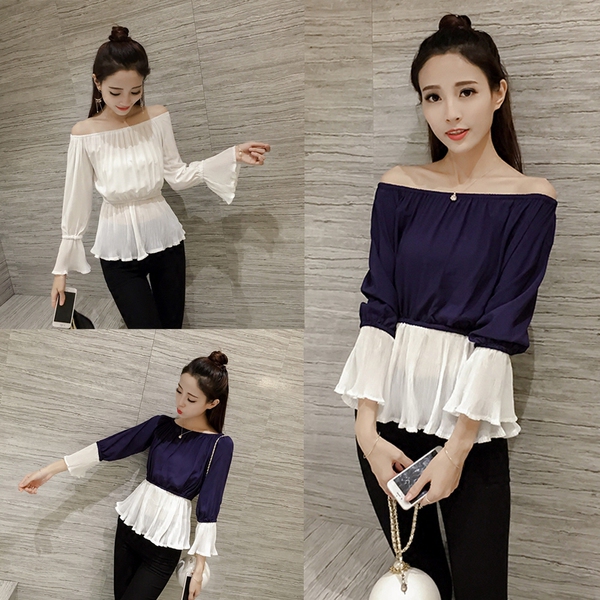 新款秋装女2016韩版修身显瘦喇叭长袖拼色一字领套头雪纺衫上衣女