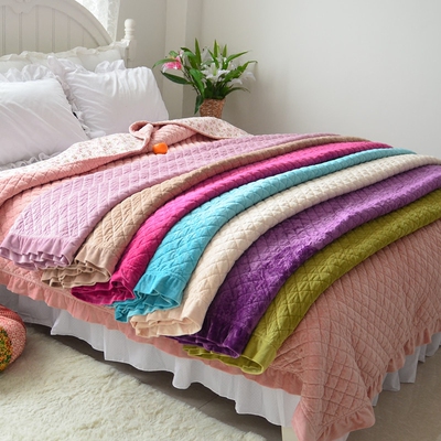 秋冬新款荷叶边加厚法兰绒绗缝床盖毯子纯色超柔水晶绒毯床单床垫