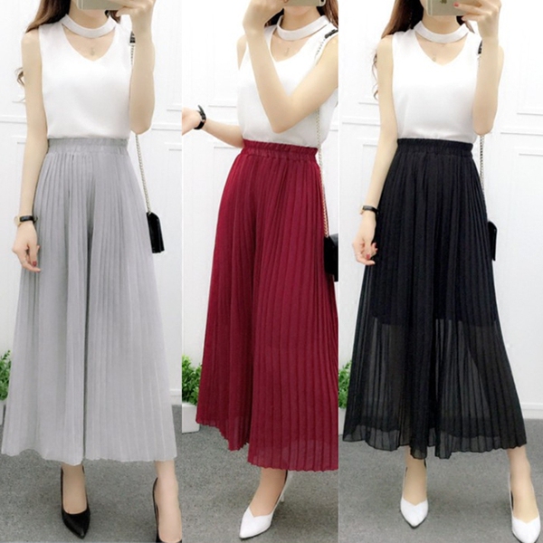 夏季新款女装韩版阔腿裤松紧腰百褶雪纺休闲裤裙裤薄款高腰九分裤