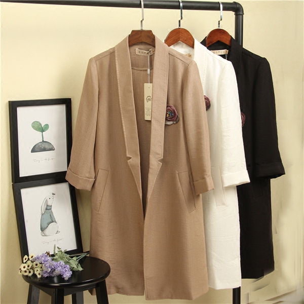 茗格拉6612★春装新款廓形棉麻翻领中长款百搭休闲西装外套女2017