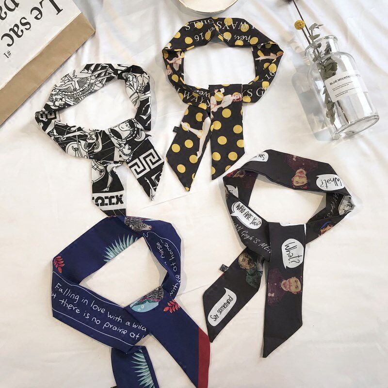 Small scarf, headband, silk scarf, streamer, lady's headband, pig, pig, tied, handle, ribbon, black and white, presbyopia