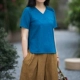 [Lanyuan] Jixiang Yuer mùa thu ban đầu Trung Quốc phong cách cổ áo đan top cotton tre ngắn tay hoang dã T-Shirt nữ áo phông rộng Áo phông