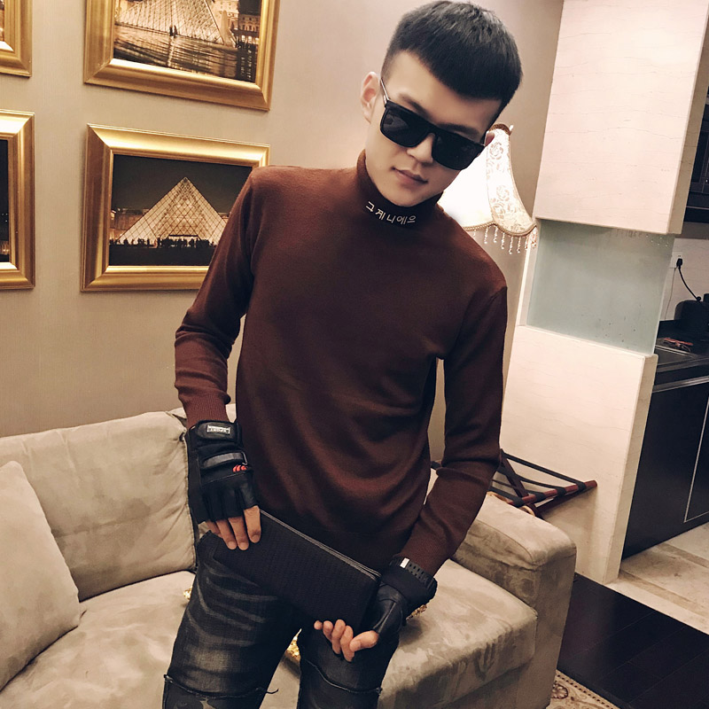 18秋冬精神社会小伙领口烫印高领套头针织毛衣男503-1-bk26-p50