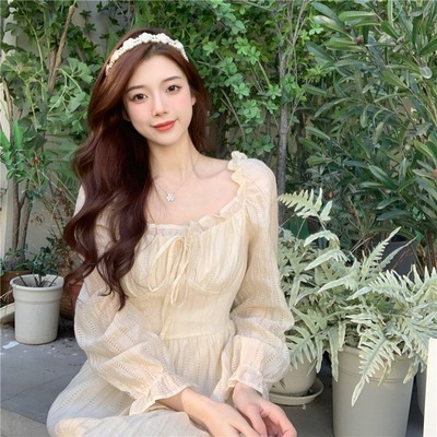taobao agent Summer dress, fitted brace, plus size, french style, square neckline, long sleeve