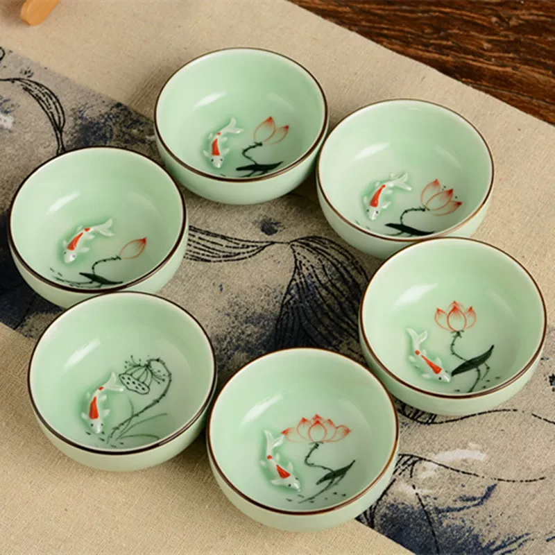 Ceramic tea cup, tea set, hand painting, carp