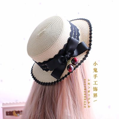 taobao agent Black universal straw sun hat with bow, Korean style, floral print, Lolita style