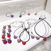 Серьги, кварц, красный браслет, сиреневое ожерелье, в корейском стиле, на шнурках