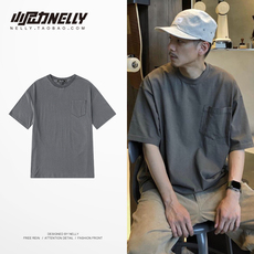 Футболка мужская 余文乐2020夏天新款纯色圆领口袋短袖t恤夏季男士日系宽松休闲tee