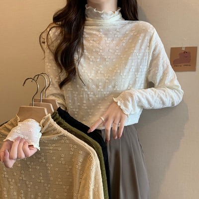 taobao agent Lace autumn T-shirt, long-sleeve, top, plus size, high collar, long sleeve, fitted