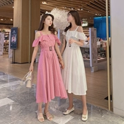 Mùa hè 2019 mới của phụ nữ quây ngọt ngào quây một bên váy dài eo eo ren ngắn tay màu rắn - váy đầm