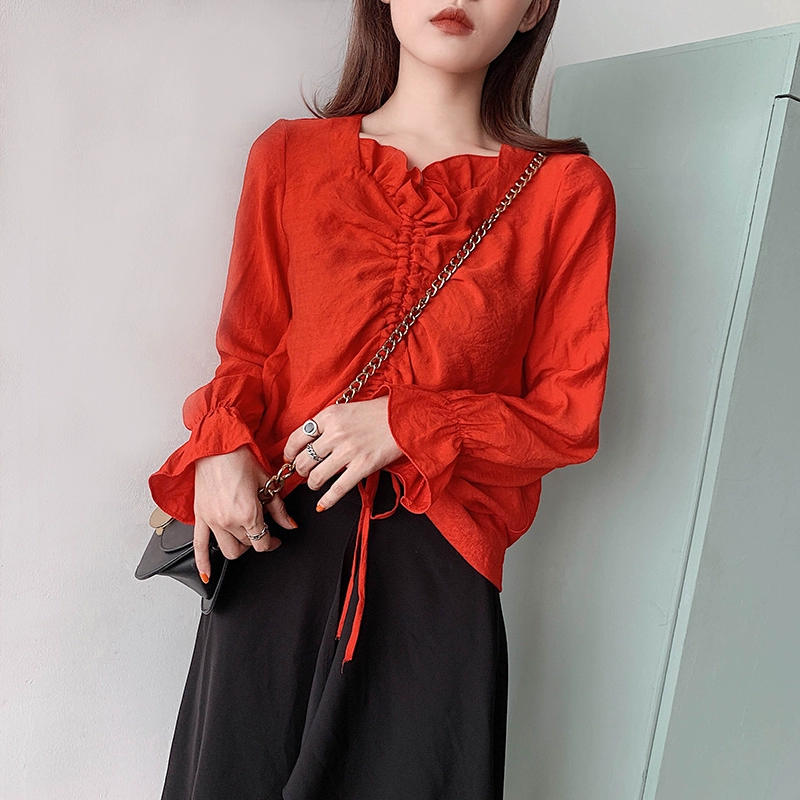 Cổ áo vuông dây rút cotton hàng đầu dài tay áo Trumpet tay áo ren cổ áo Lady Wild 2020 mùa xuân hè phụ nữ áo sơ mi - Áo sơ mi