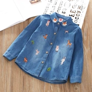 Áo sơ mi nữ cotton thêu denim xuân hè 2019 cổ áo búp bê mới bé trai lớn bé gái áo dài tay - Áo sơ mi