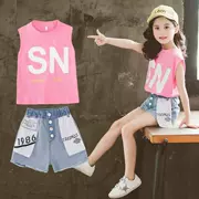 Quần áo bé gái mùa hè 2019 trẻ em Hàn Quốc mới bé gái hipster quần áo trẻ em nước ngoài nữ lớn bé trai ngắn tay áo hai dây - Phù hợp với trẻ em