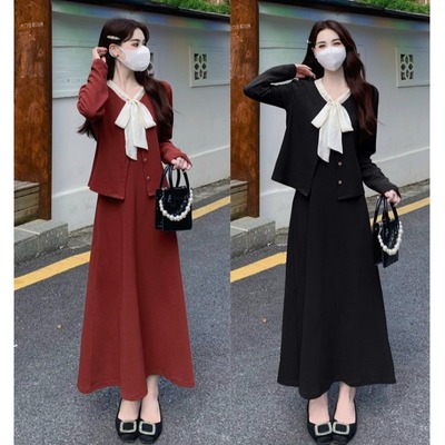 taobao agent Autumn red set, slip dress, french style, Chanel style, plus size