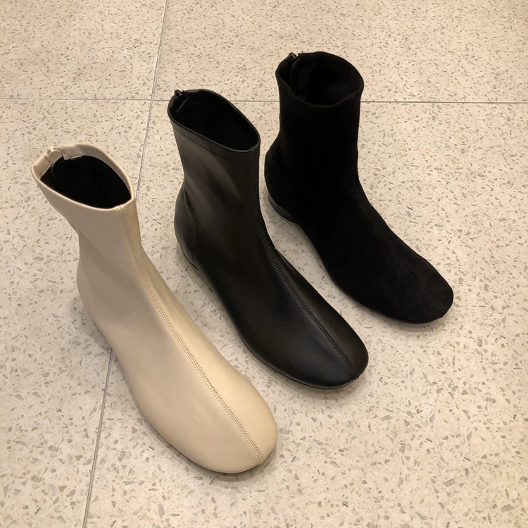 Giày nữ hàn quốc Dongdaemun 2019 mùa thu mới đầu tròn gót dày bề mặt mềm mại sau dây kéo giản dị phù hợp với tất cả các phụ nữ xu hướng bốt ngắn - Kính khung