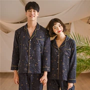 Phiên bản Hàn Quốc của bộ đồ ngủ của cặp đôi bằng vải bông gạc ve áo sao mùa thu thời trang giản dị phục vụ tại nhà