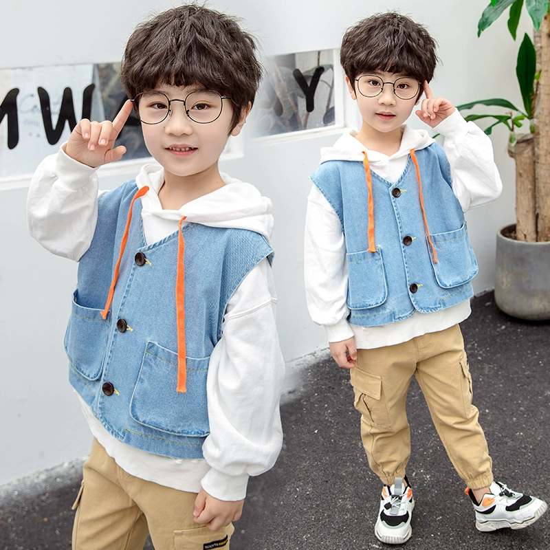 Áo vest denim trẻ em mùa xuân và mùa thu Áo vest kiểu Tây Hàn Quốc mỏng áo ghi lê bé trai phù hợp với áo vest mặc ngoài - Áo ghi lê