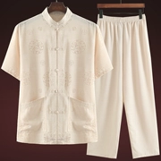 . Quần linen nam hàng đầu phong cách Trung Quốc phù hợp với tay ngắn Tang phù hợp với quần áo 50 tuổi mùa xuân và mùa hè áo len được giặt mùa hè - Trang phục dân tộc