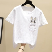Mùa hè 2019 mới quần áo thêu thỏ kích thước lớn phiên bản Hàn Quốc của áo thun cotton trắng tay ngắn cotton - Áo phông