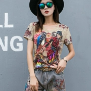 Áo dài châu Âu 2019 mẫu mới dành cho nữ họa tiết chim in áo thun ngắn tay nữ nửa áo sơ mi cotton - Áo phông